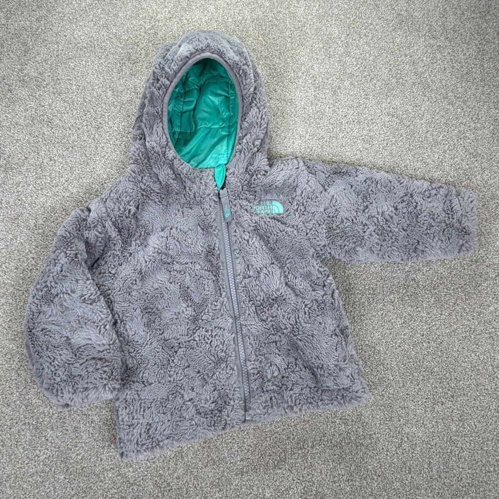 The North Face Infant 6-12M Reversible Jacket Teal Grey Quilted Fleece Hooded - Picture 4 of 8